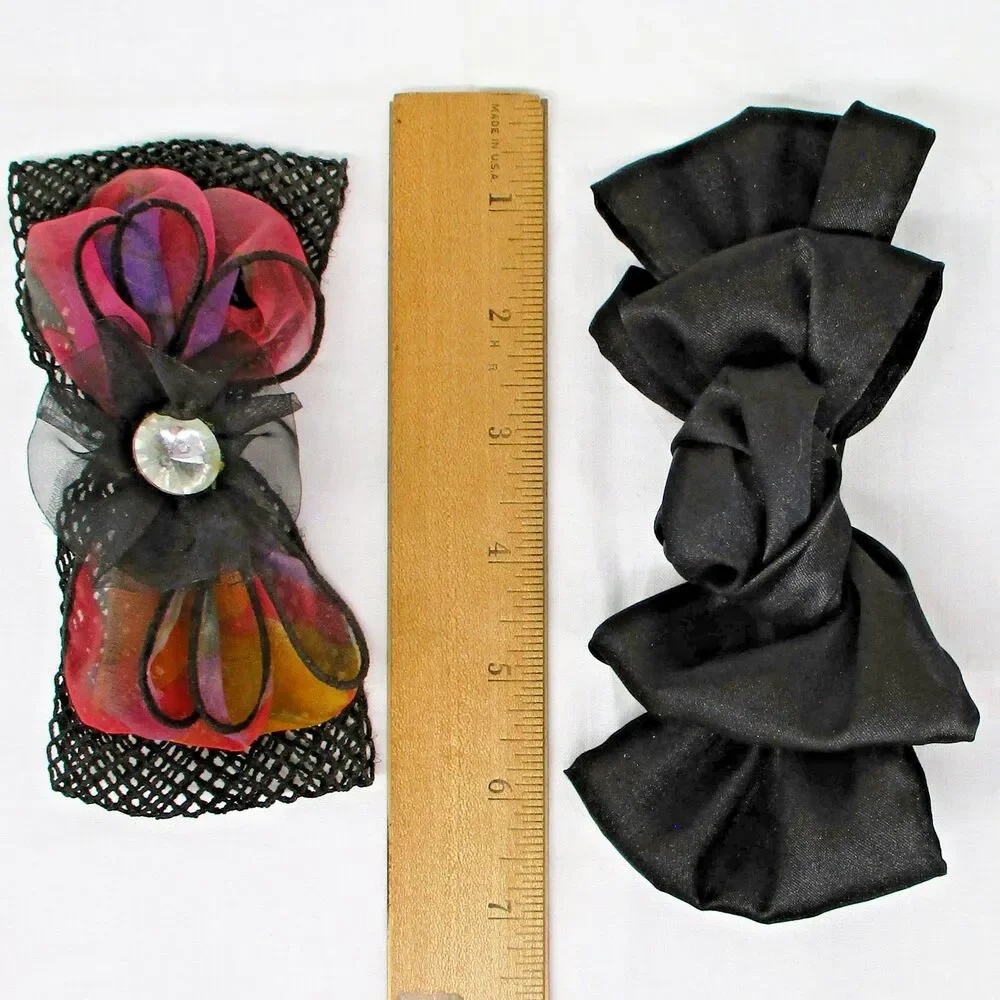 2 Vintage 80s 90s Big Hair Bows Black Fishnet Bling Ribbon Barrette Clip
